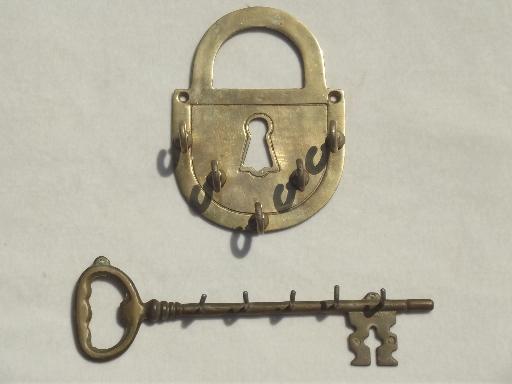 photo of brass padlock & skeleton key, vintage  lock & key wall hooks for keys #1