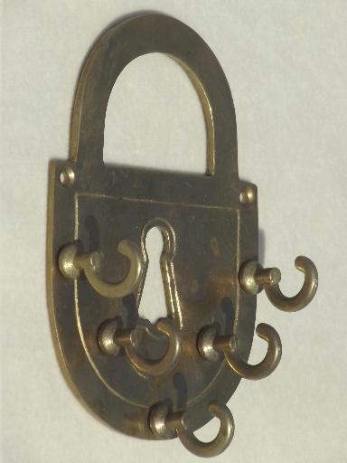 photo of brass padlock & skeleton key, vintage  lock & key wall hooks for keys #2