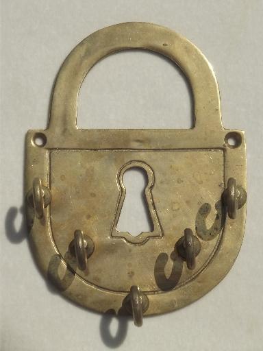 photo of brass padlock & skeleton key, vintage  lock & key wall hooks for keys #3