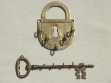 catalog photo of brass padlock & skeleton key, vintage  lock & key wall hooks for keys