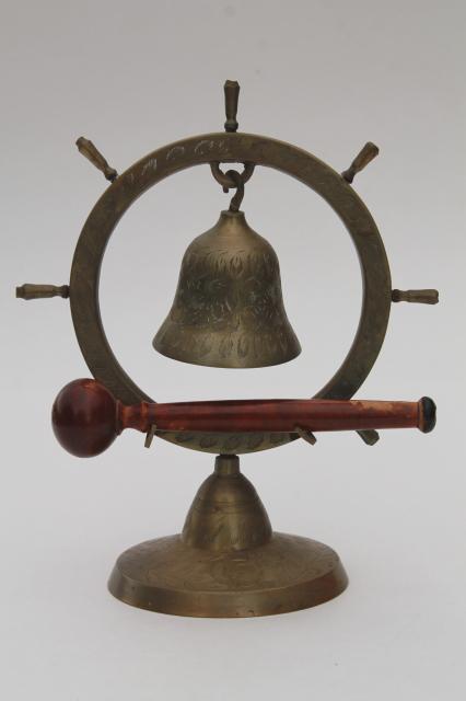 photo of brass ship's wheel gong w/ wooden hammer, vintage dinner bell or boathouse ornament #1