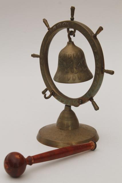 photo of brass ship's wheel gong w/ wooden hammer, vintage dinner bell or boathouse ornament #5