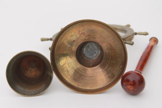 photo of brass ship's wheel gong w/ wooden hammer, vintage dinner bell or boathouse ornament #8