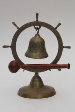 catalog photo of brass ship's wheel gong w/ wooden hammer, vintage dinner bell or boathouse ornament