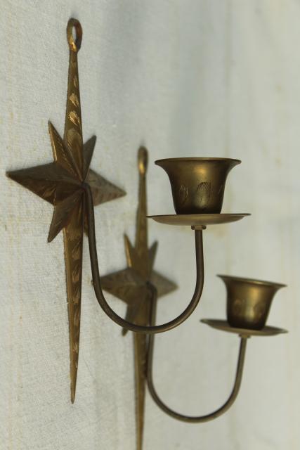 photo of brass star candle holder wall sconces, 70s 80s vintage solid brass made in India #1