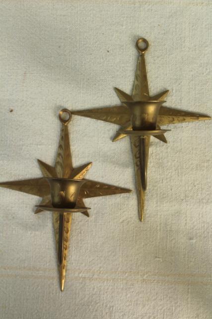 photo of brass star candle holder wall sconces, 70s 80s vintage solid brass made in India #2