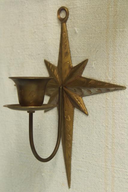 photo of brass star candle holder wall sconces, 70s 80s vintage solid brass made in India #4