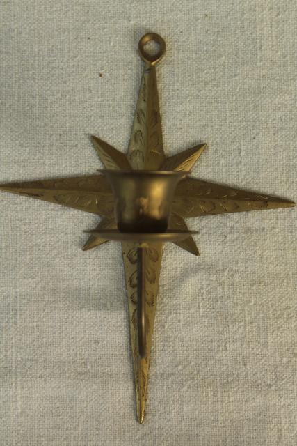 photo of brass star candle holder wall sconces, 70s 80s vintage solid brass made in India #5