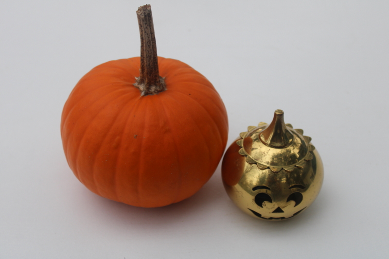 photo of brass tea light candle holder Halloween jack o lantern luminary, vintage Partylite pumpkin  #1