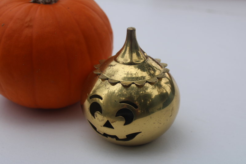 photo of brass tea light candle holder Halloween jack o lantern luminary, vintage Partylite pumpkin  #2