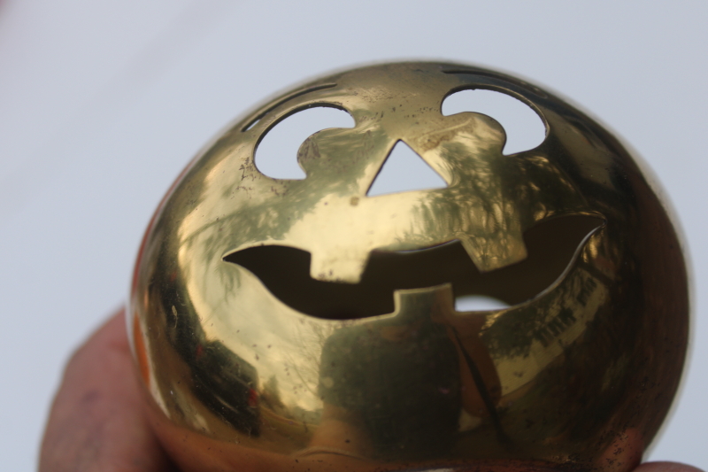 photo of brass tea light candle holder Halloween jack o lantern luminary, vintage Partylite pumpkin  #7