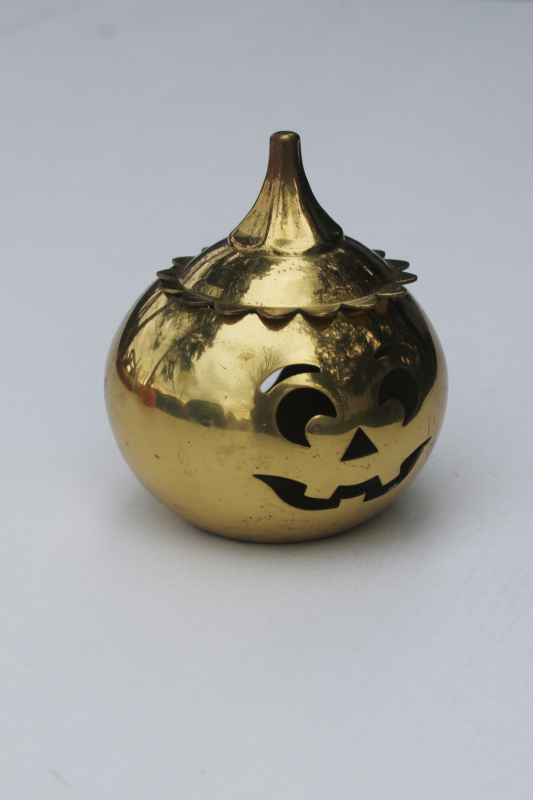 photo of brass tea light candle holder Halloween jack o lantern luminary, vintage Partylite pumpkin  #8