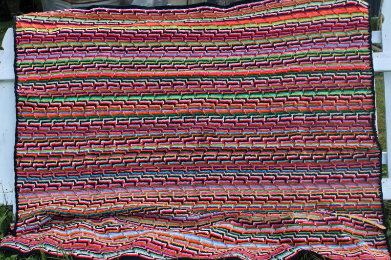 photo of bright colors vintage crochet afghan, big throw blanket mosaic pattern stripes #1