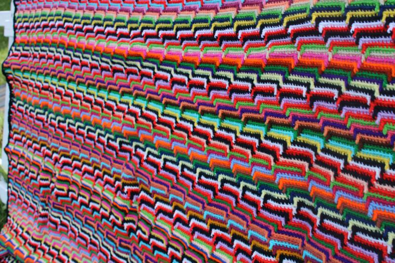 photo of bright colors vintage crochet afghan, big throw blanket mosaic pattern stripes #2