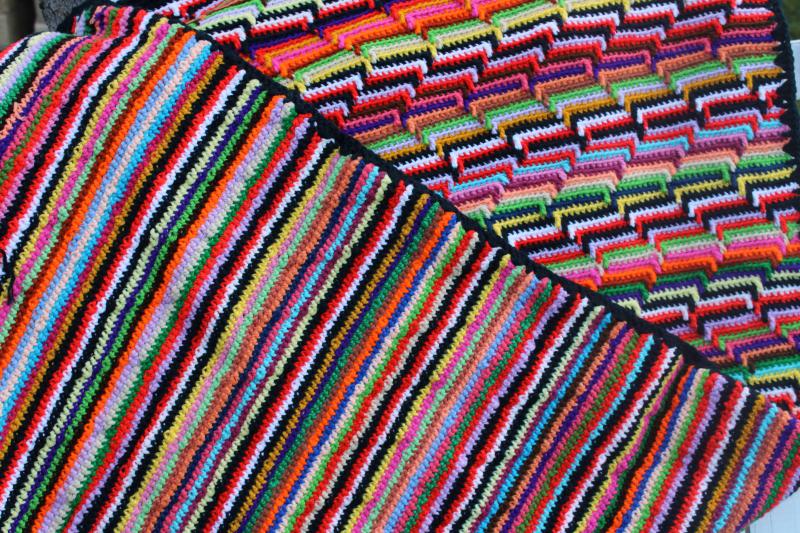 photo of bright colors vintage crochet afghan, big throw blanket mosaic pattern stripes #3