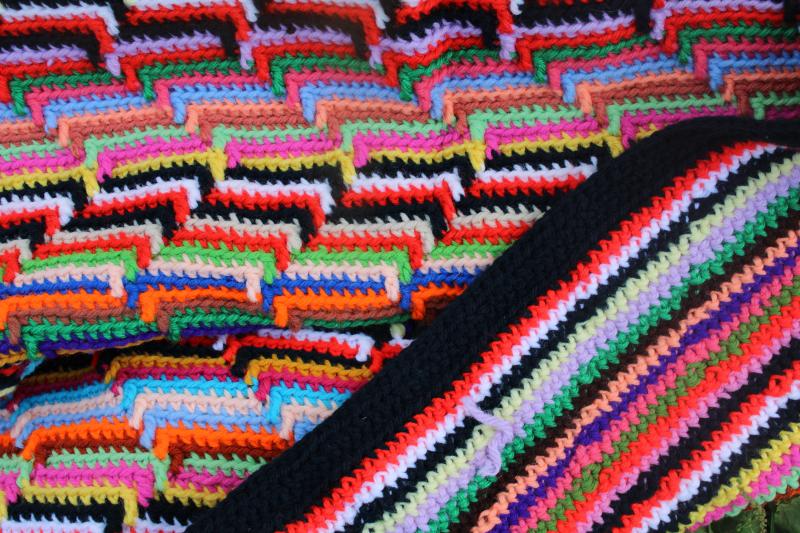 photo of bright colors vintage crochet afghan, big throw blanket mosaic pattern stripes #4