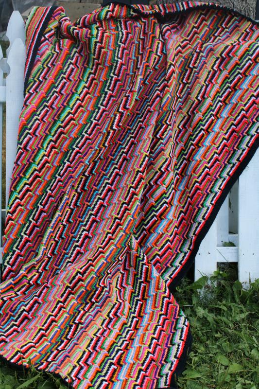 photo of bright colors vintage crochet afghan, big throw blanket mosaic pattern stripes #5