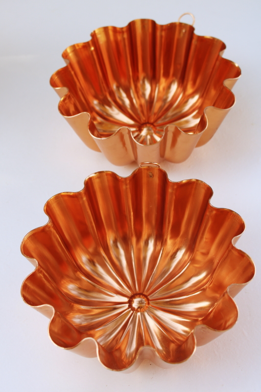 photo of bright copper color vintage aluminum fluted shape jello molds, pair of matching pans #3