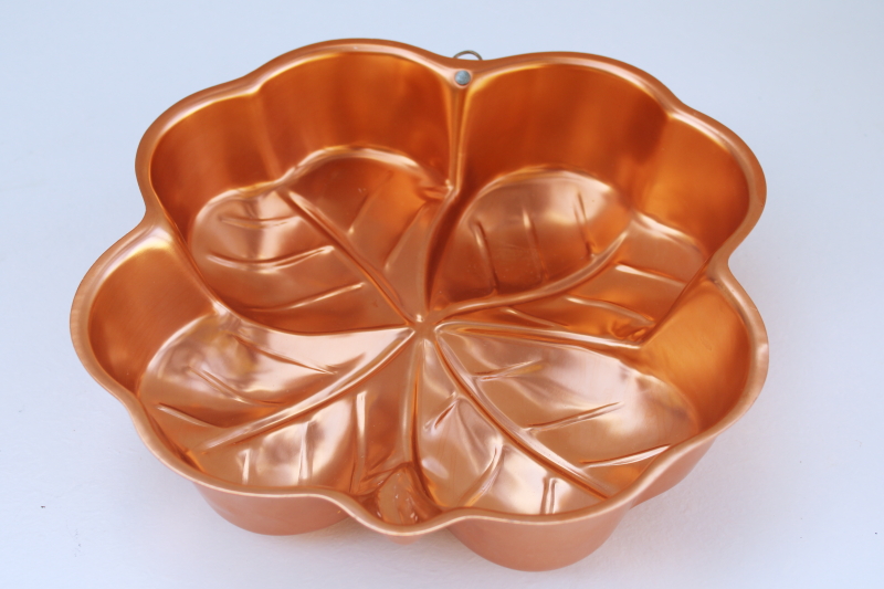 photo of bright copper color vintage aluminum mold, Irish four leaf clover shamrock jello mold #3