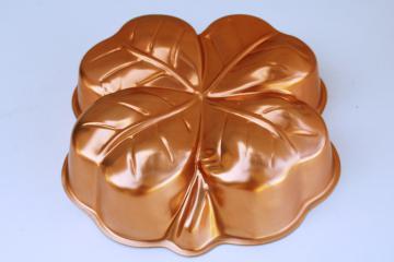 bright copper color vintage aluminum mold, Irish four leaf clover shamrock jello mold