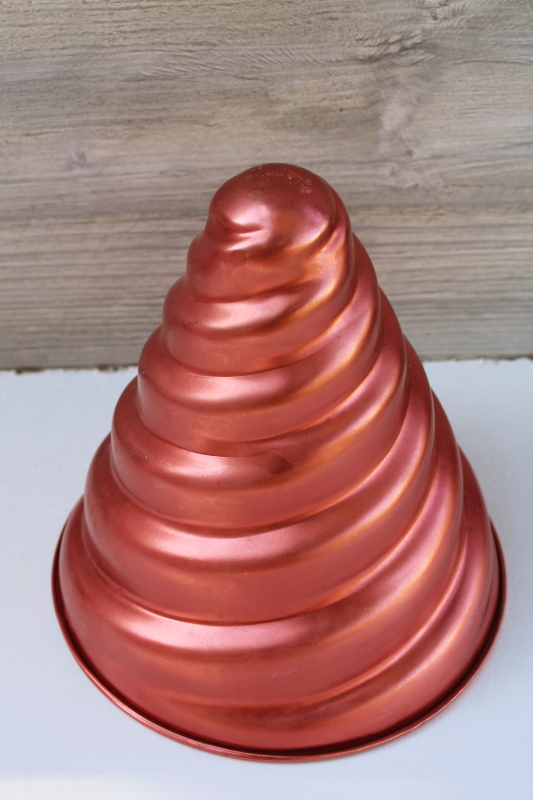 photo of bright copper color vintage aluminum mold, tall spiral unicorn horn jello mold pan #1