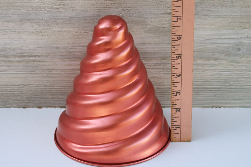 photo of bright copper color vintage aluminum mold, tall spiral unicorn horn jello mold pan #4