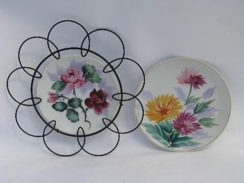 photo of bright flowers 50s vintage Japan hand painted china plates, wirework frame #1