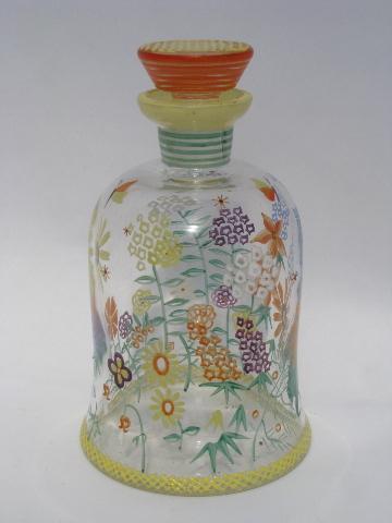 photo of bright hand-painted flowers, vintage glass cruet bottle w/ stopper #1