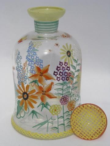 photo of bright hand-painted flowers, vintage glass cruet bottle w/ stopper #2