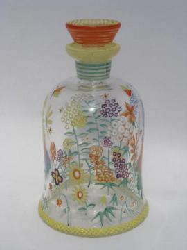 catalog photo of bright hand-painted flowers, vintage glass cruet bottle w/ stopper