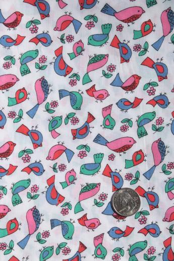 photo of bright little bird print vintage cotton or blend sheeting, retro sheet print fabric #1