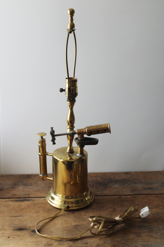 photo of bright polished brass Turner Hot Blast blow torch primitive antique tool converted to electric lamp  #3