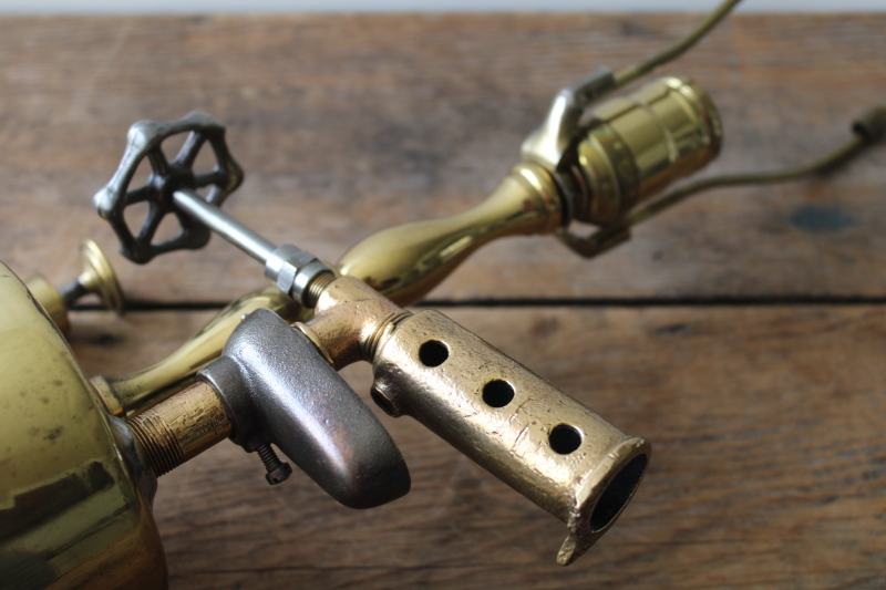 photo of bright polished brass Turner Hot Blast blow torch primitive antique tool converted to electric lamp  #9