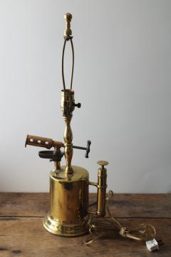 catalog photo of bright polished brass Turner Hot Blast blow torch primitive antique tool converted to electric lamp 