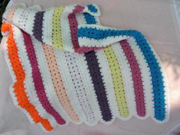 catalog photo of bright stripes hand-crocheted baby afghan, small lap blanket throw