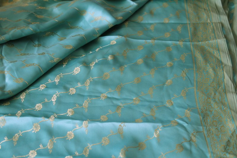 photo of brocade floral satin jacquard fabric, apple green & aqua reversible silky fabric #2