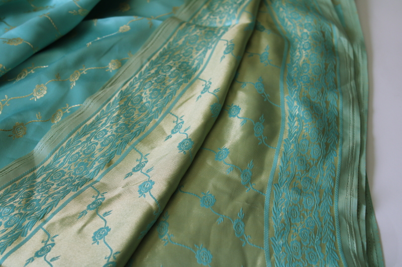 photo of brocade floral satin jacquard fabric, apple green & aqua reversible silky fabric #3