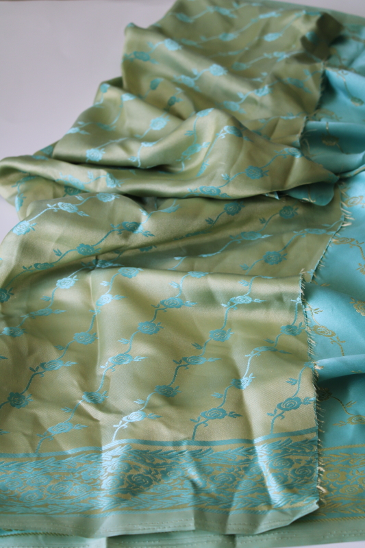 photo of brocade floral satin jacquard fabric, apple green & aqua reversible silky fabric #7