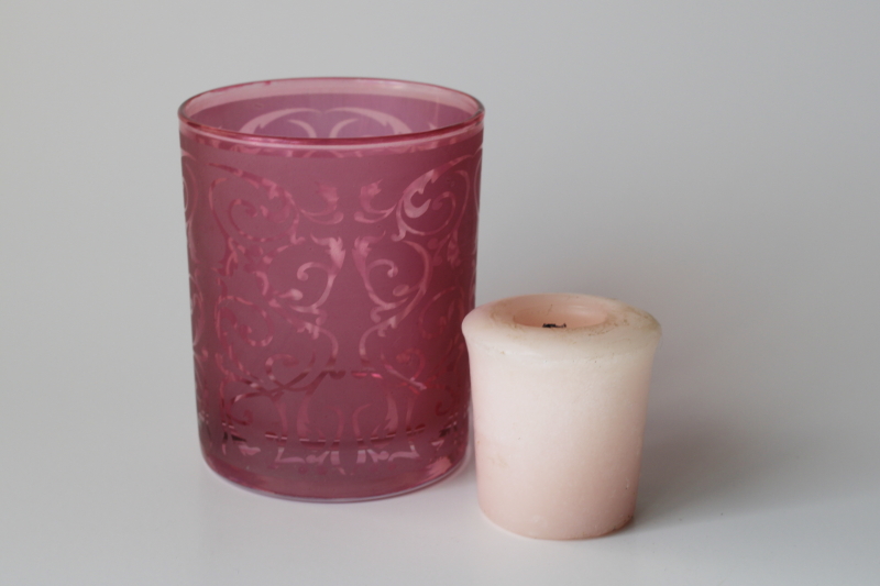 photo of brocade pattern cranberry pink glass candle holder luminary jar tumbler #1