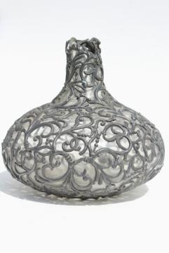 catalog photo of broken antique glass bottle, decanter w/ applied pewter overlay dull silver metal filigree