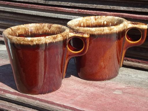 photo of brown drip glaze vintage Hull oven proof pottery coffee cups or mugs #1