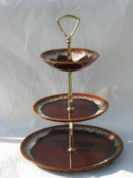 catalog photo of brown drip pottery, retro tiered serving plate for cake, sandwiches