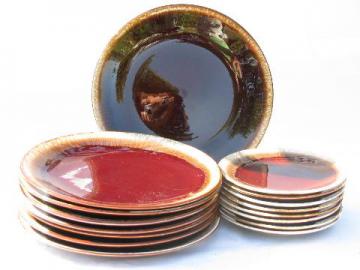 catalog photo of brown drip pottery, retro vintage stoneware plates in two sizes, set for 8