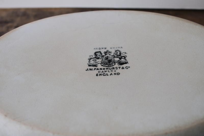 photo of browned old white ironstone china bowl, large oval basin w/ antique English backstamp #5