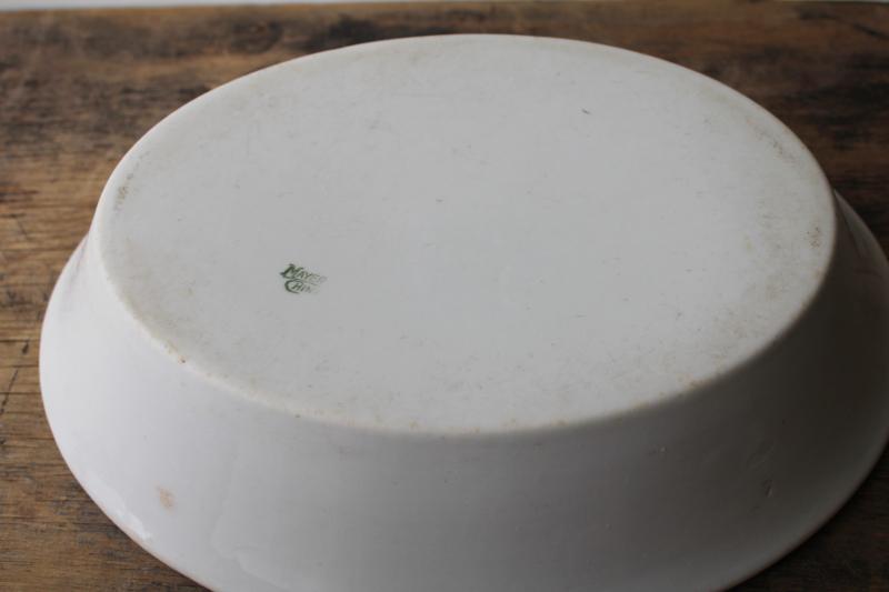 photo of browned old white ironstone china bowl, large oval basin turn of the century vintage #3