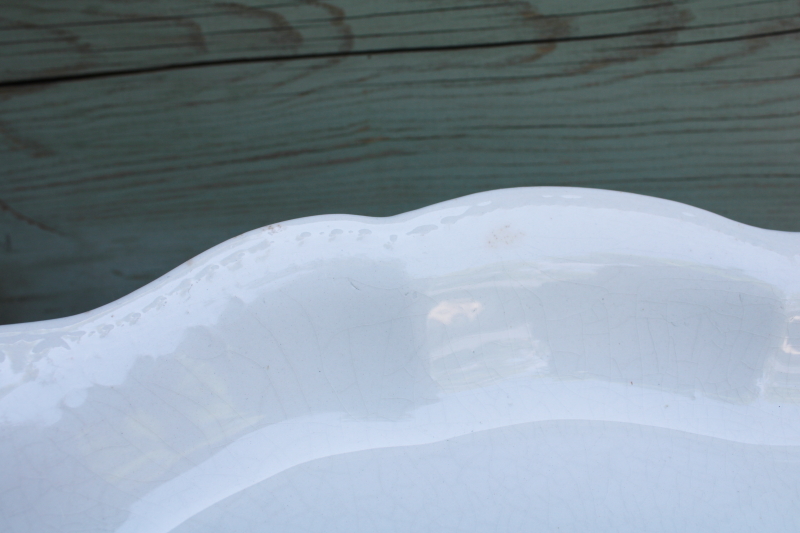 photo of browned old white ironstone china platter, scalloped edge tray w/ embossed border #5