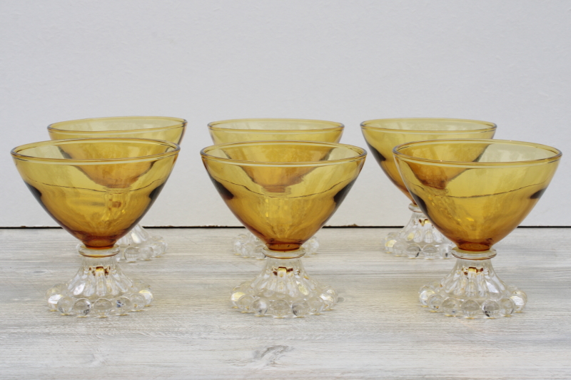 photo of bubble foot vintage amber glass champagne or cocktail glasses, Anchor Hocking boopie pattern #1