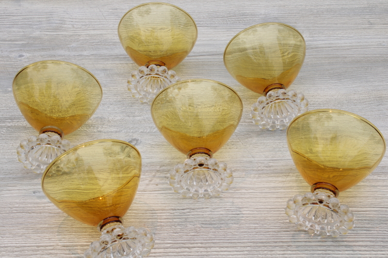 photo of bubble foot vintage amber glass champagne or cocktail glasses, Anchor Hocking boopie pattern #3