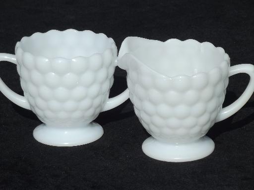 photo of bubble milk white glass cream pitcher and sugar set, 50s vintage AH glass #1