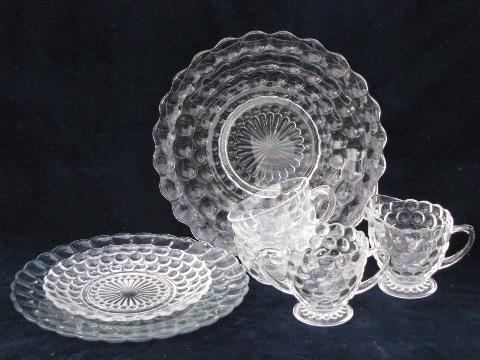 photo of bubble pattern, depression pressed glass dishes lot, vintage Anchor Hocking #1